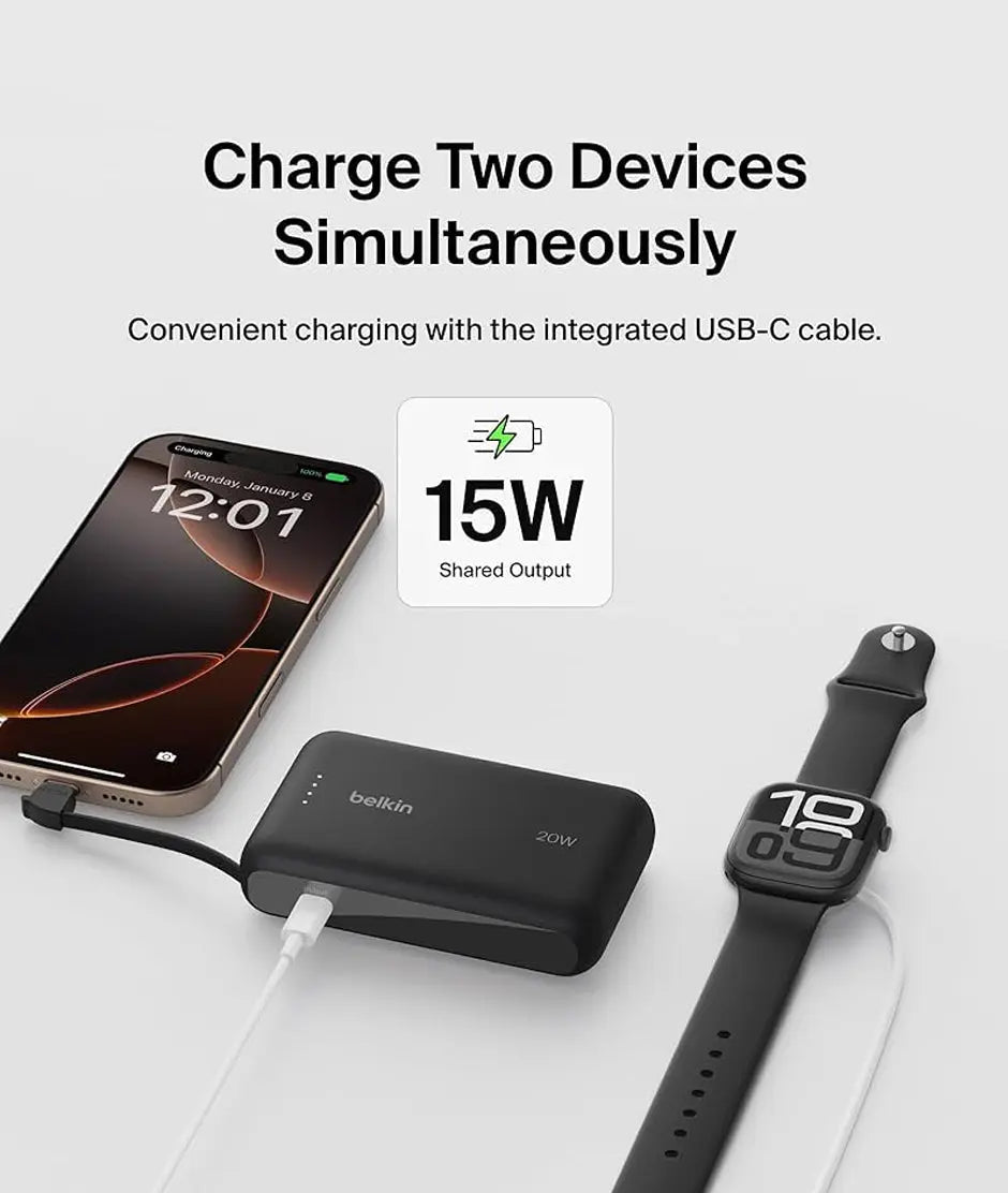 Belkin 10K Power Bank with 20W PD + Integrated USB-C Cable Negro belkin