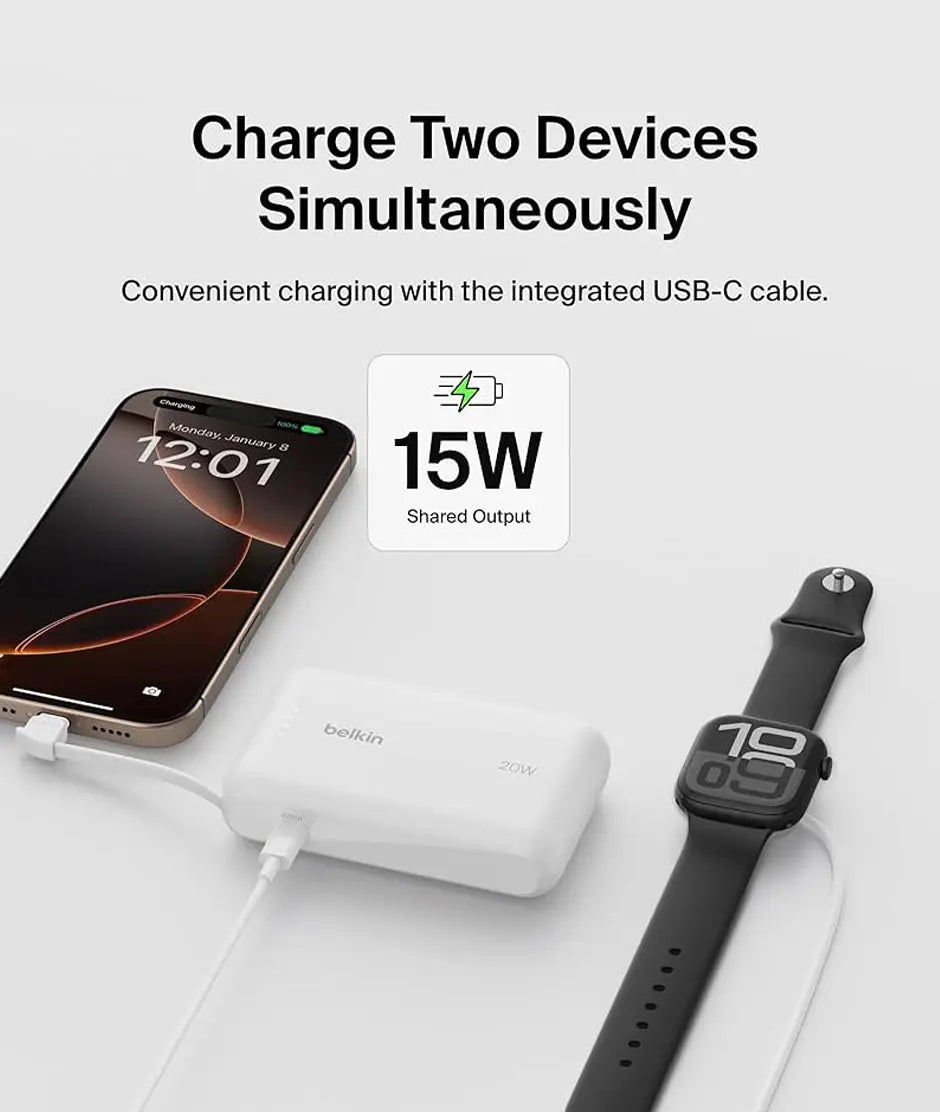 Belkin 10K Power Bank with 20W PD + Integrated USB-C Cable blanco belkin