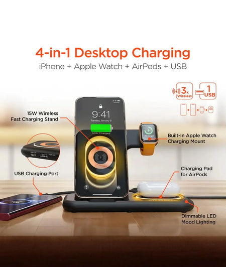 HyperGear PowerFold X-Ray 4-in-1 Foldable Wireless Charging Stand with 15W Wireless Fast Charge Black Hypergear