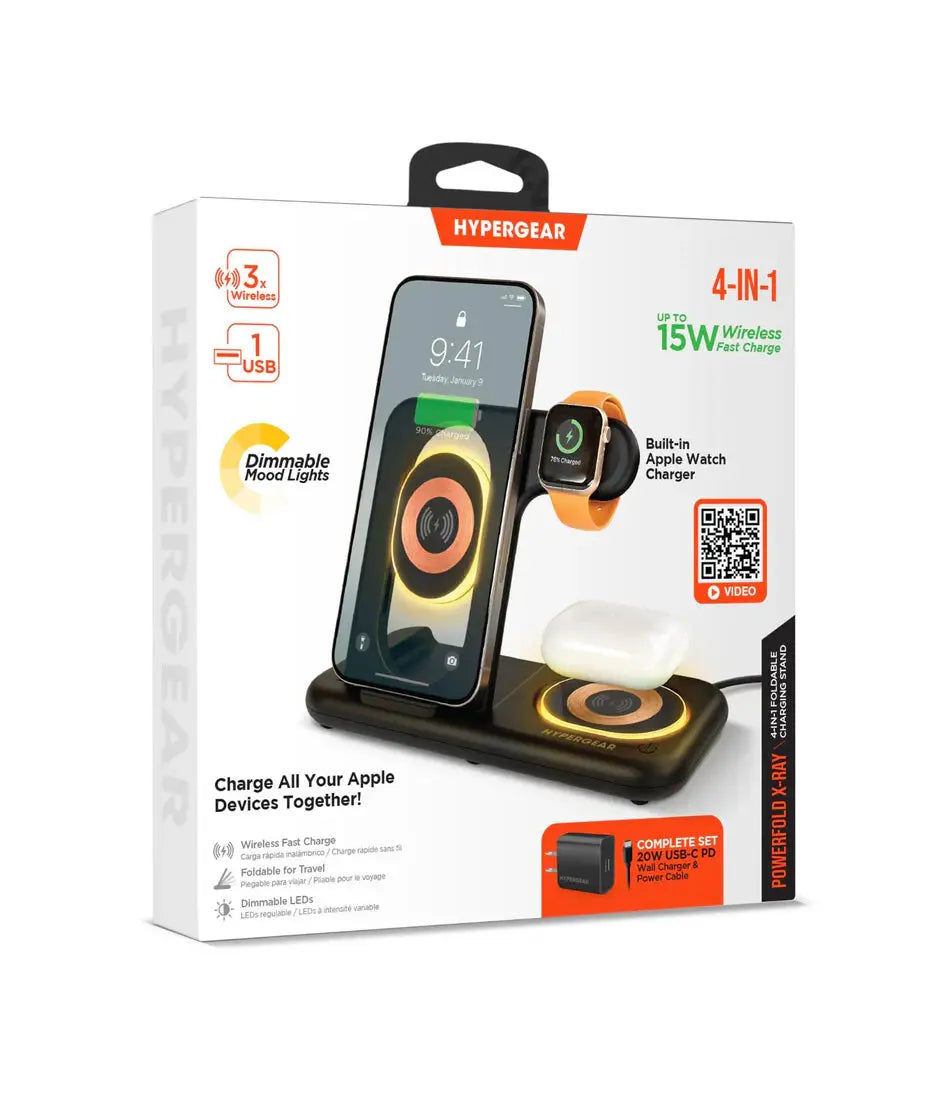 HyperGear PowerFold X-Ray 4-in-1 Foldable Wireless Charging Stand with 15W Wireless Fast Charge Black Hypergear