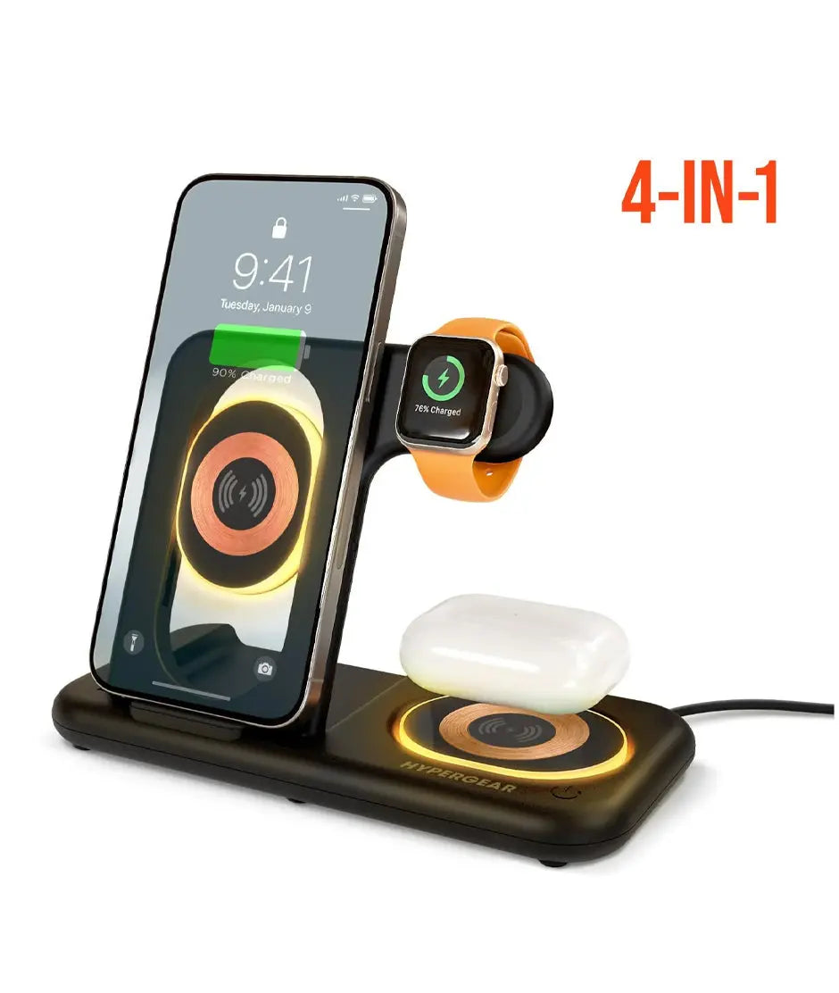 HyperGear PowerFold X-Ray 4-in-1 Foldable Wireless Charging Stand with 15W Wireless Fast Charge Black Hypergear