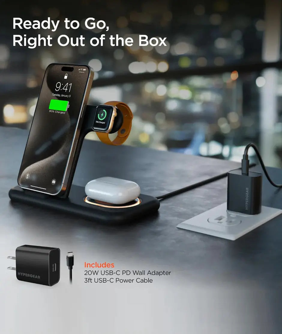 HyperGear PowerFold X-Ray 4-in-1 Foldable Wireless Charging Stand with 15W Wireless Fast Charge Black Hypergear