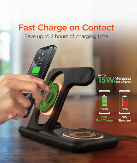 HyperGear PowerFold X-Ray 4-in-1 Foldable Wireless Charging Stand with 15W Wireless Fast Charge Black Hypergear