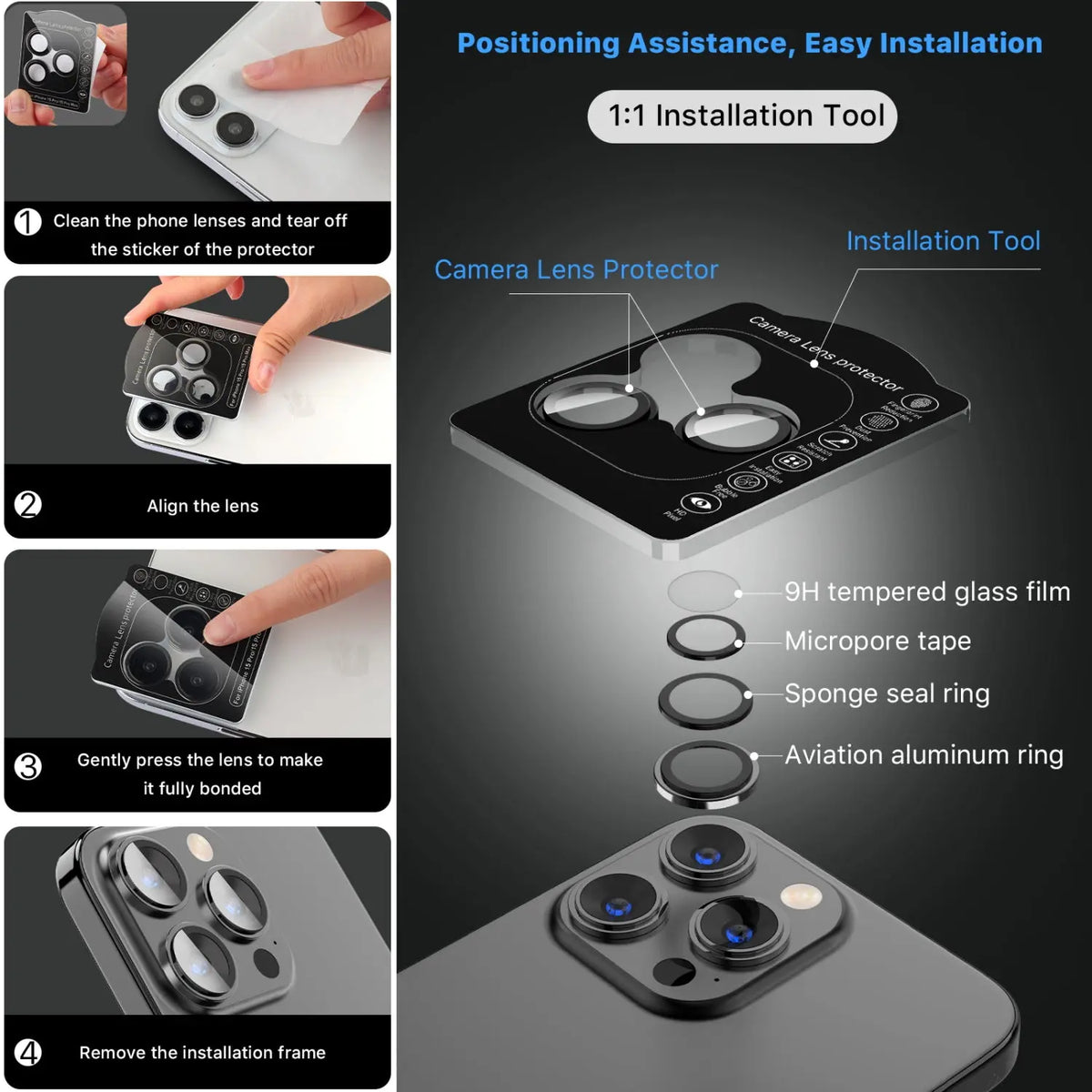 Vidrio Templado Para iPhone 14 Pro Max / 14 Pro - MyBatPro GlamCam - Negro MyBat Pro
